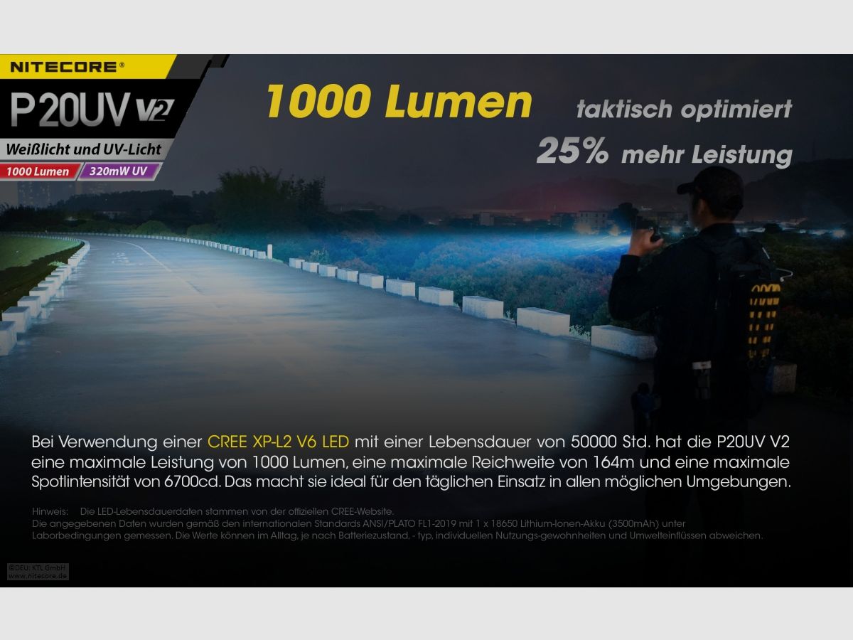 Nitecore P20UVV2 Taschenlampe P20UV V2 1000 Lumen UV Licht