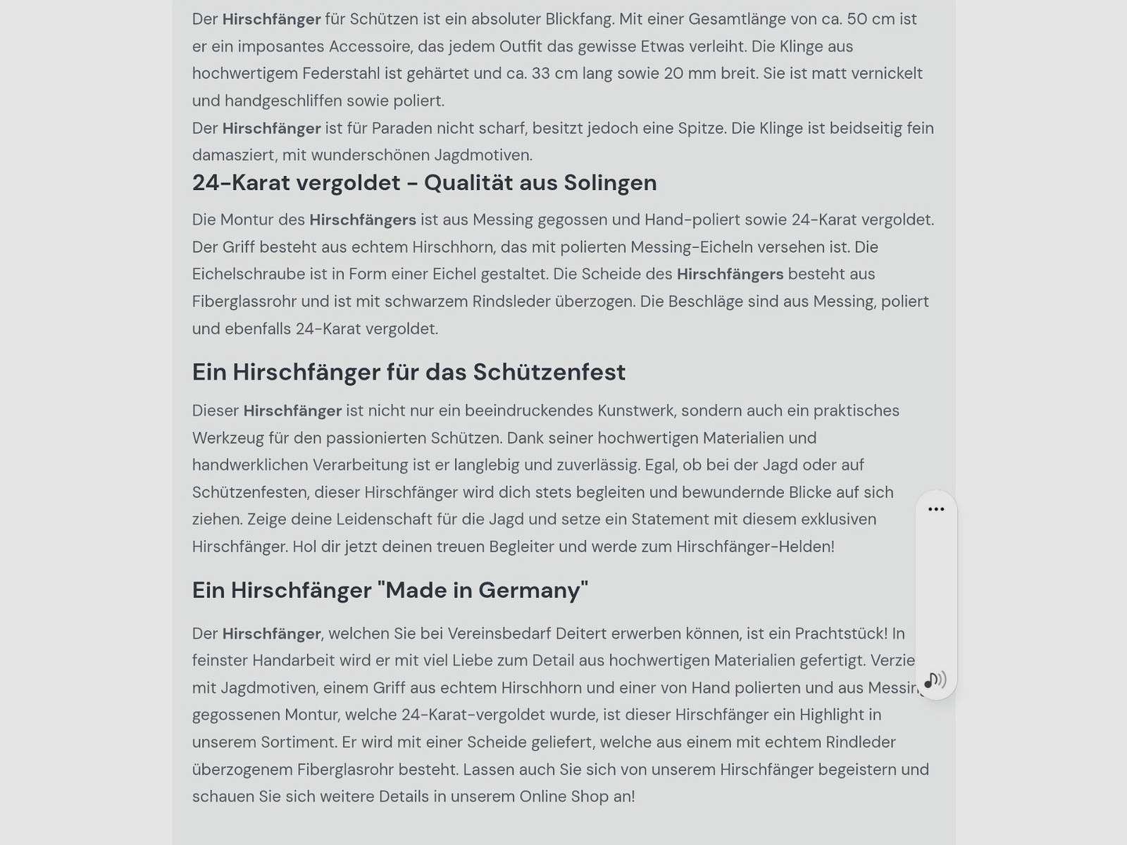 NEU -  1 Hirschfänger  -  50 cm -  24 k - Hirschhorn