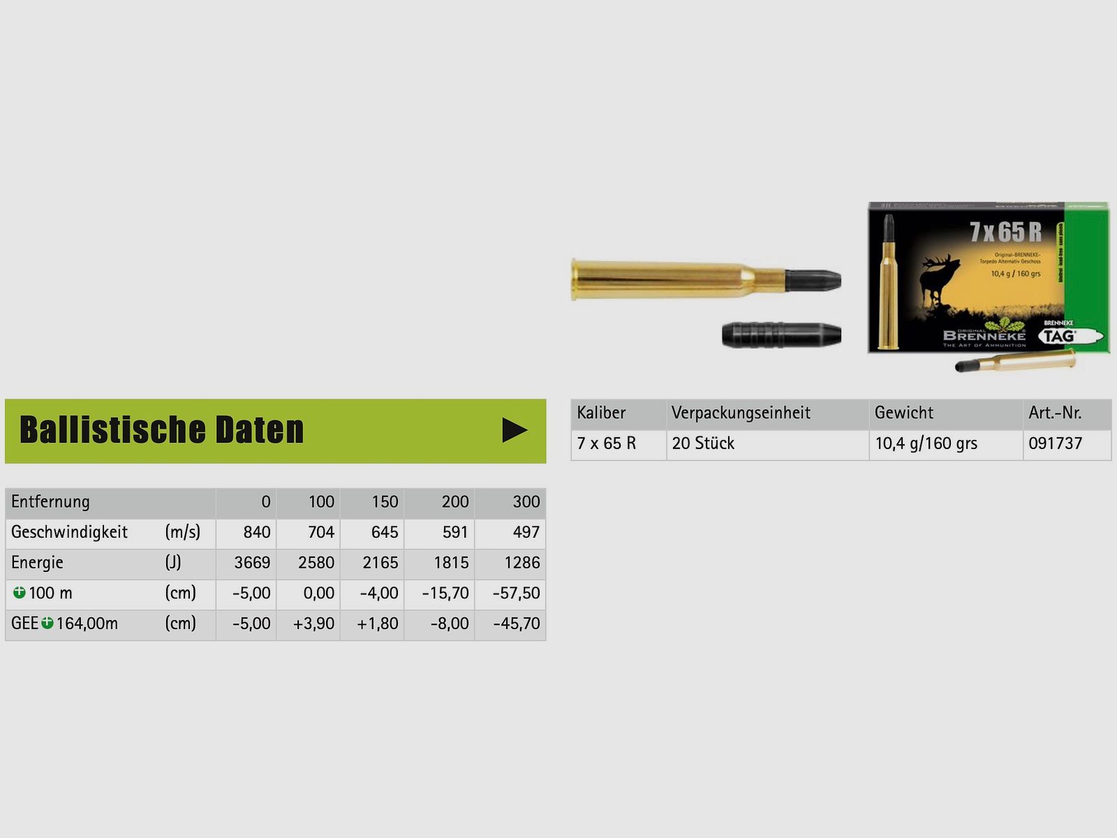 Brenneke 7x65 R TAG 10,4g 160grs. Bleifrei Langwaffenmunition