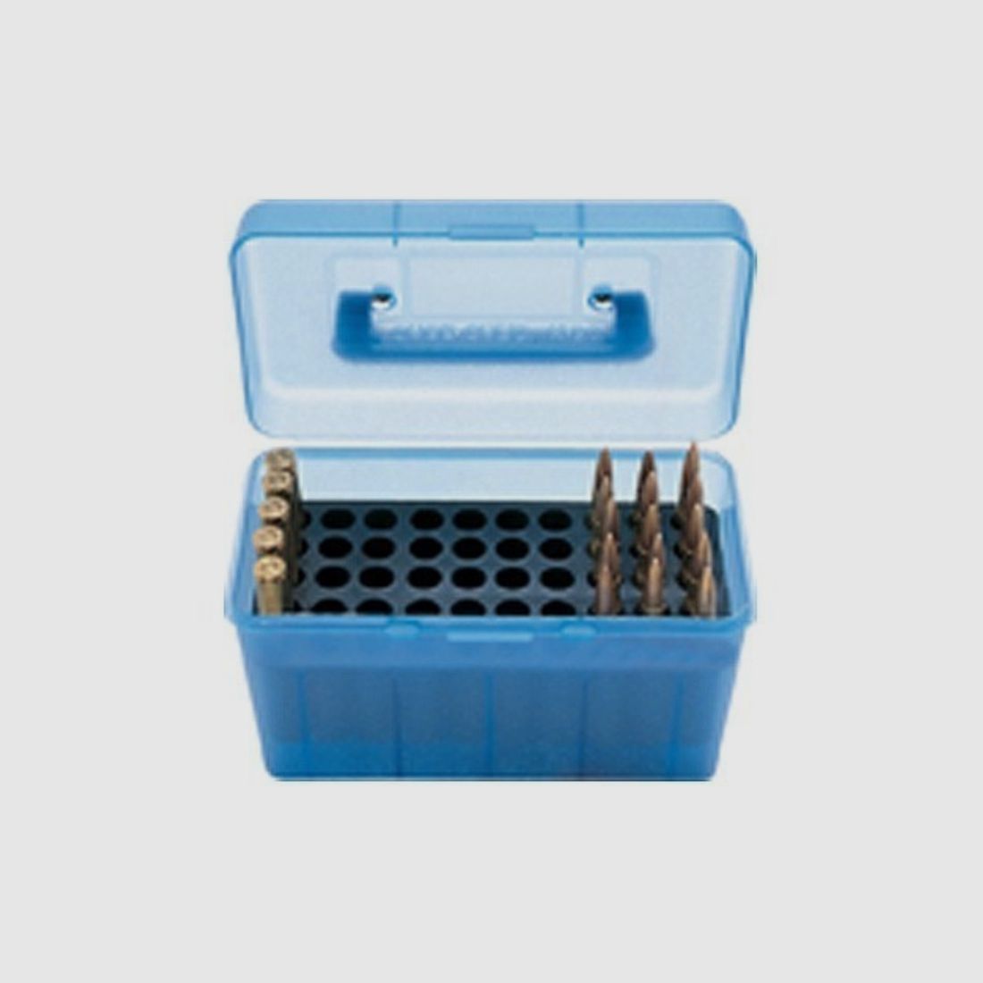 MTM Deluxe caja de cartuchos H50-RS-24 azul clara con tapa abatible y asa para 50 cartuchos .17 y menos.