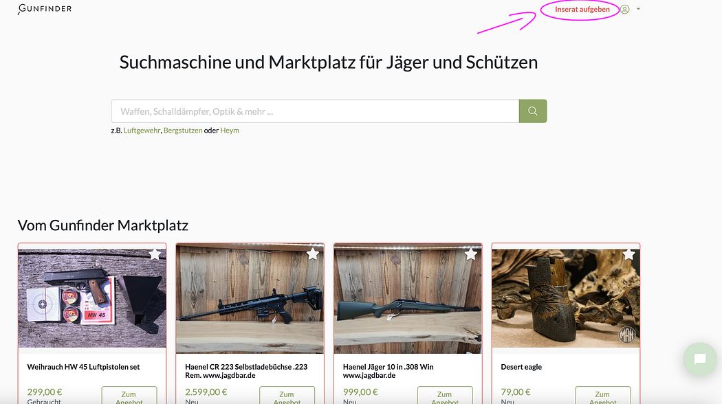 Gebrauchte Waffen verkaufen via Gunfinder.de