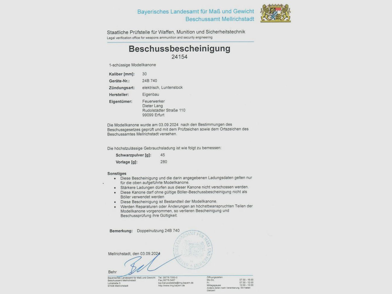 Modellkanone, cal. 30mm Unikat * Zulassung f. alle Zündungsarten