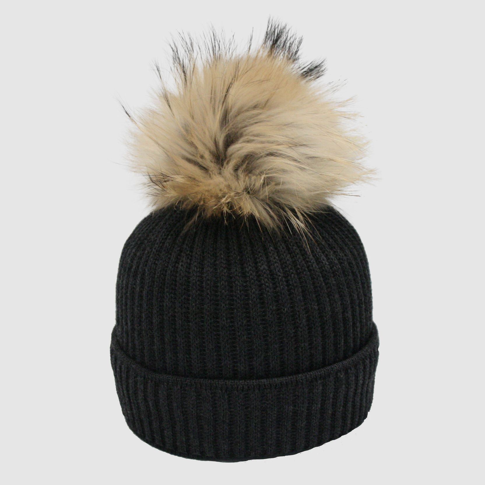 Cappello in maglia Merino con pompon in pelliccia vera e motivo a coste