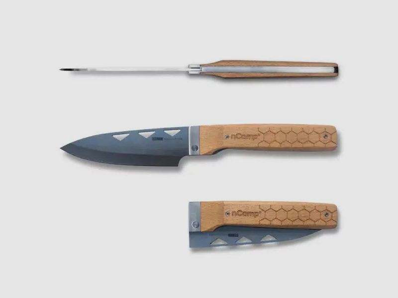 nCamp Premium Kochmesser (9cr18Mov Klinge/Buchengriff) mit Nylontasche