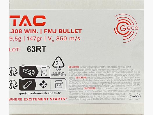 Geco .308Win TAC FMJ 147grs - 20 Schuss