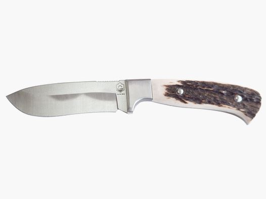 Hunting knife with drop point blade and stag horn handle