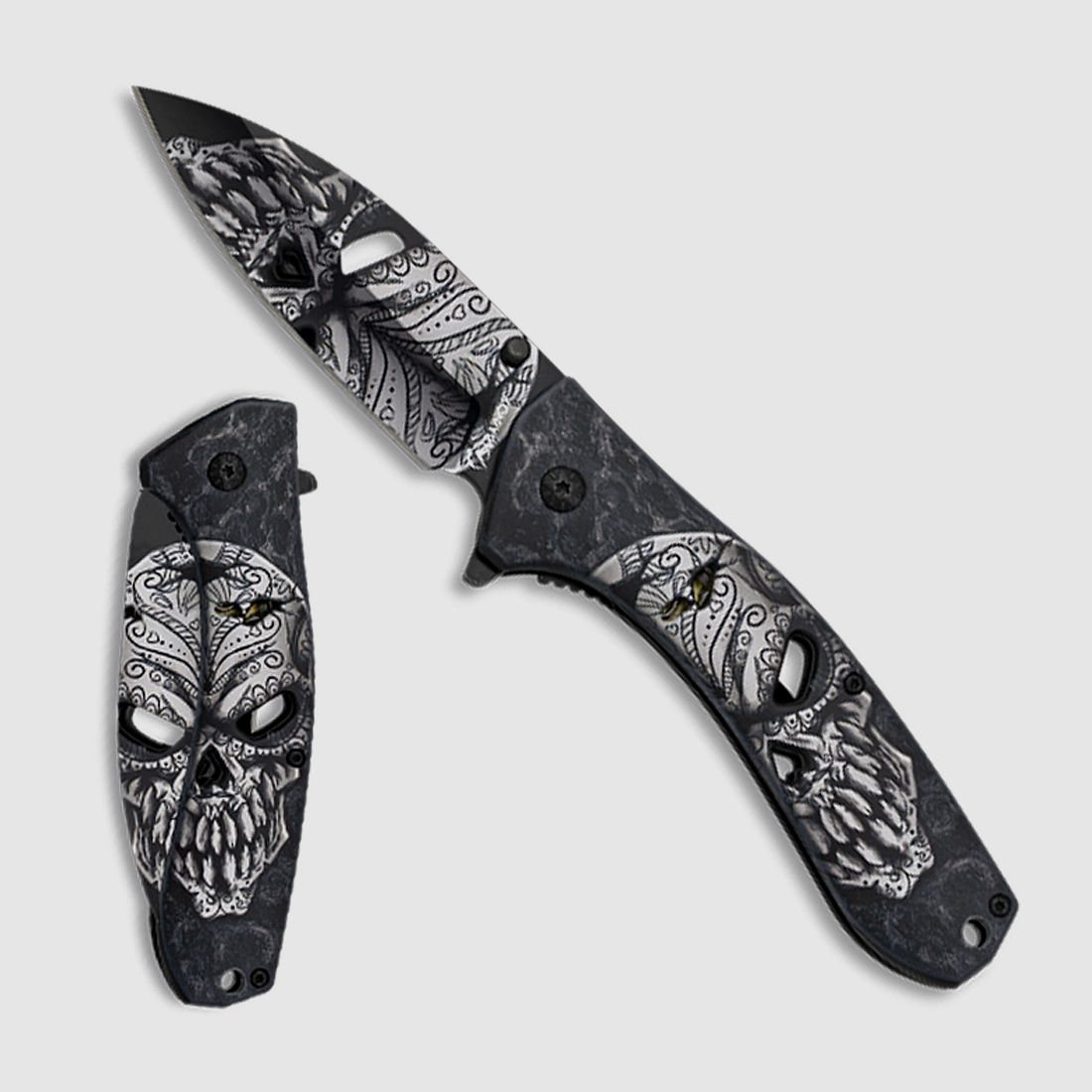 Federuntersttztes Taschenmesser Skull - mit Grtelclip