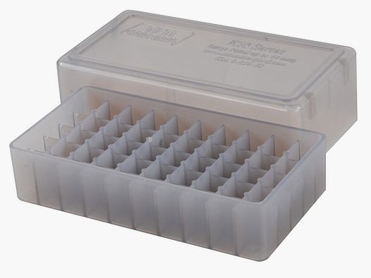 MTM scatola per cartucce E50-45-41 trasparente con coperchio per 50 cartucce .45 e inferiori.