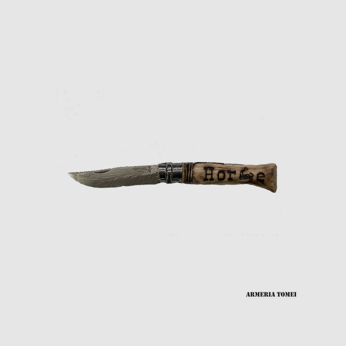 COLTELLO – OPINEL – N.9 CARBONIO CON DISEGNO – CAVALLO – REALIZZATO A MANO, immagine 2 di 2