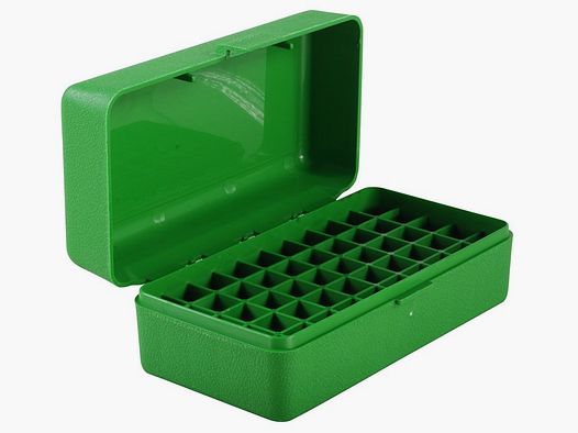 Boîte à cartouches MTM RSLD-50-10 verte avec couvercle rabattable pour 50 cartouches .500 S&W et autres.