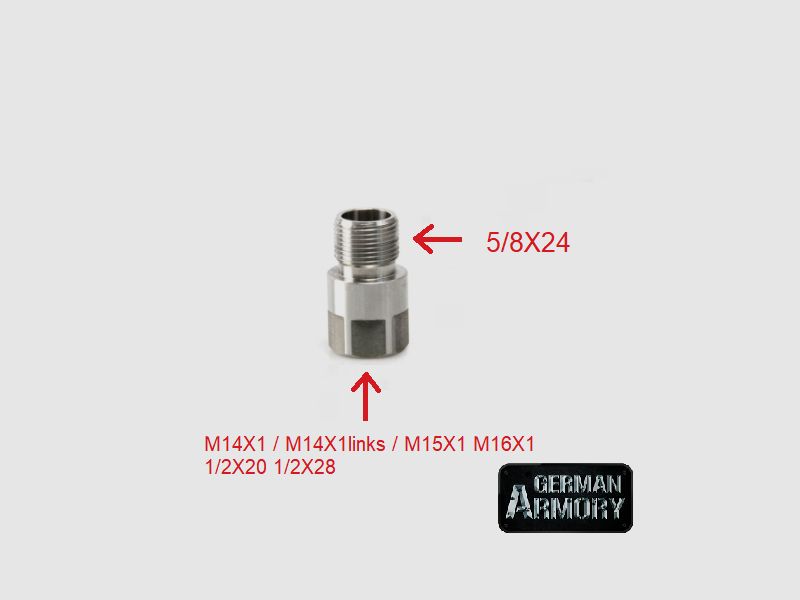 Gewindeadapter M15X1 M16X1 1/2X20 1/2X28 zu 5/8X24 AR10 Laufgewinde Edelstahl Schalldämpfer
