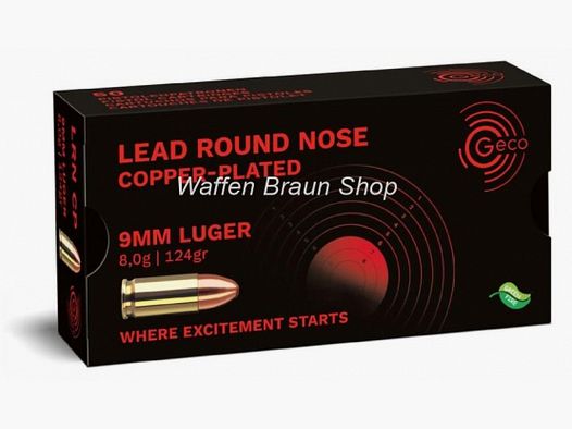 Geco 9mm Luger Blei Rundkopf verkupftert 8,0g 124 grain 50 Stück
