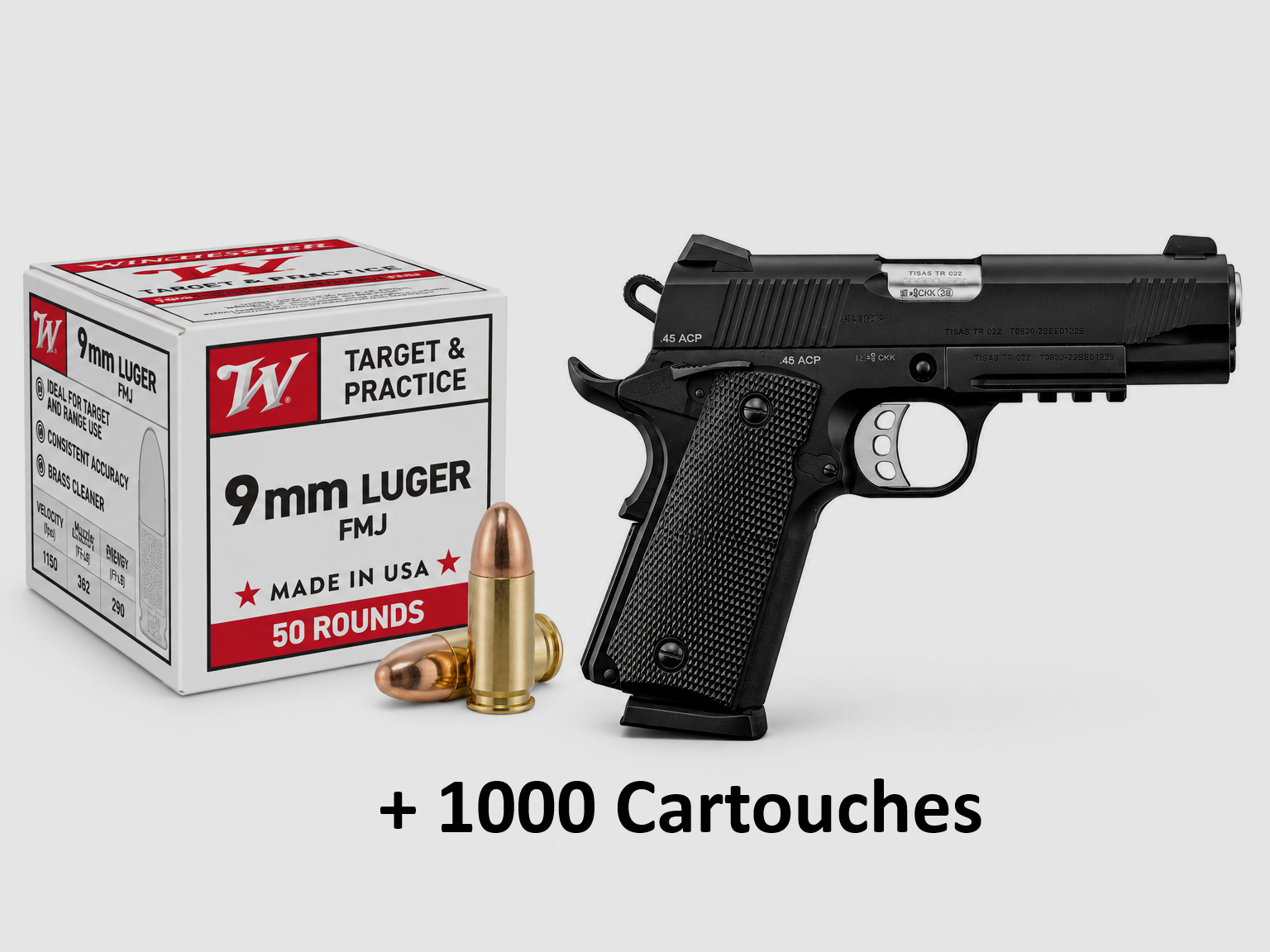 Pack PISTOLET TISAS ZIG PCS 1911 SCHWARZ 4,25” + 1000 Patronen Winchester Kal. 9×19 mm, Bild 1 von 7