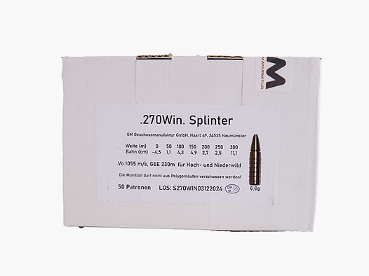 Geschoss-Manufaktur 270 Win Splinter 6,6 g cartouche de carabine sans plomb