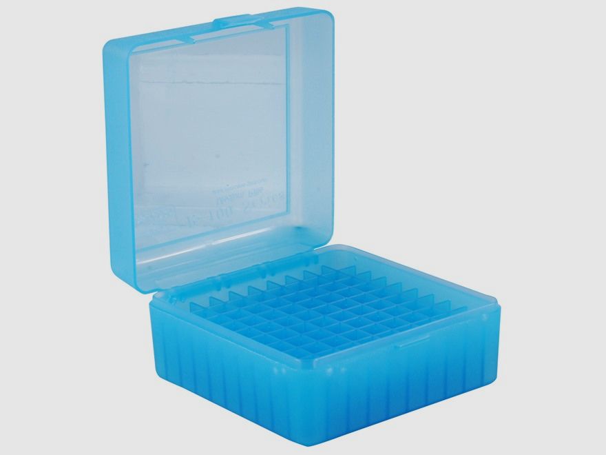 Boîte à cartouches MTM RM-100-24 bleu clair avec couvercle rabattable pour 100 cartouches .308 et autres.