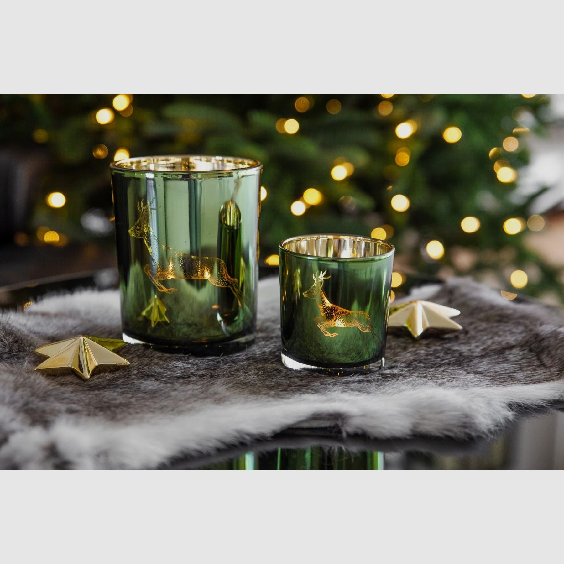 Teelichtglas Rehbock grün/gold