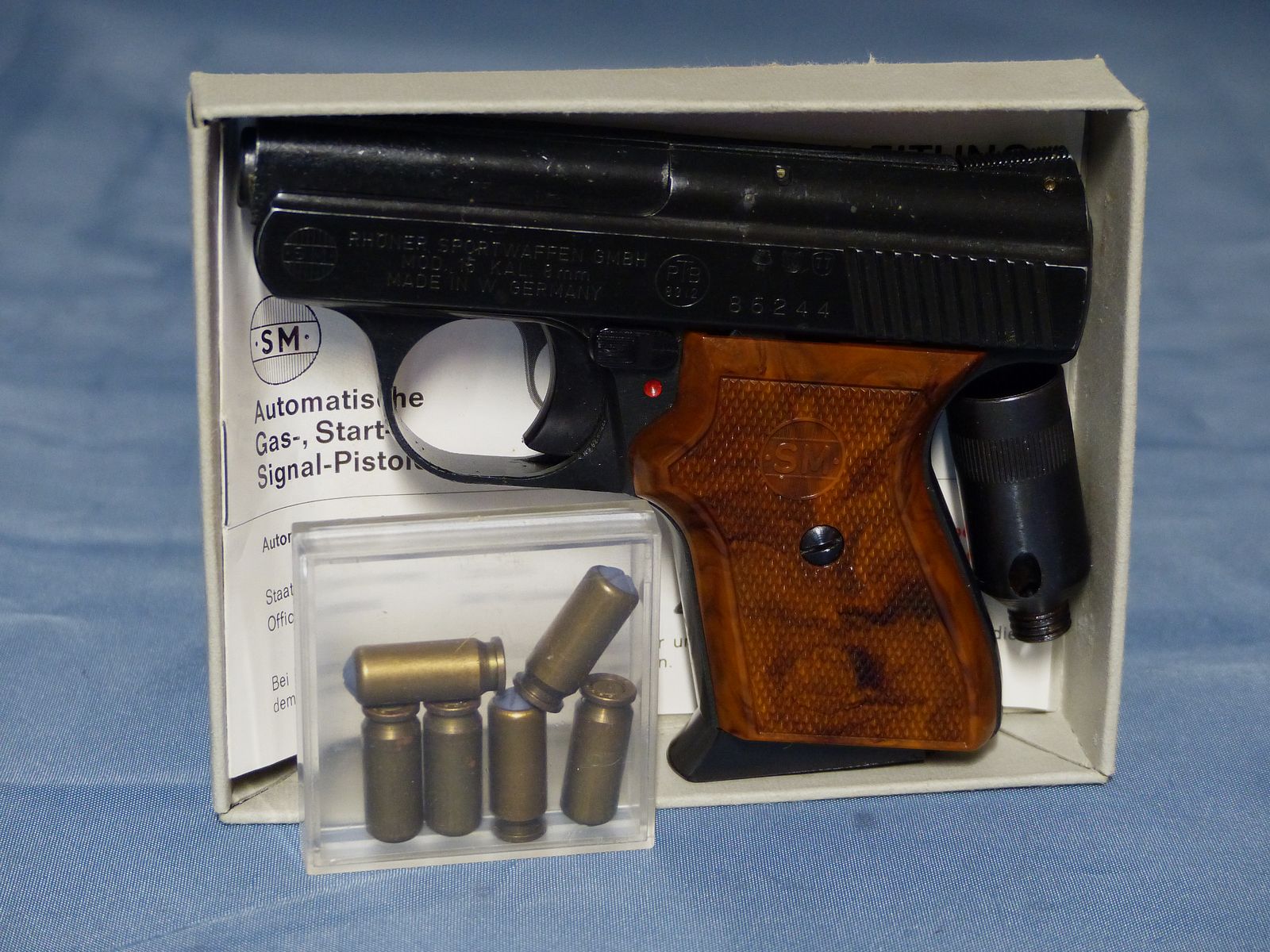 Schreckschuss Gas Pistole Rhöner SM Mod. 15 Cal. 8 mm Knall PTB 83 aus 1975 OVP vintage