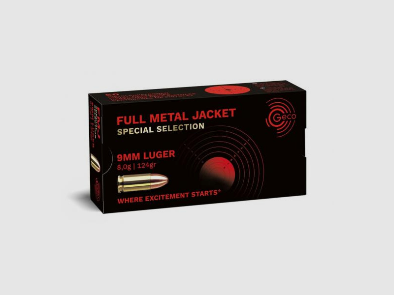 GECO 9mm Luger Full Metal Jacket SPECIAL SELECTION 8,0g/124gr - 259,00€ per 1000 Schuss!