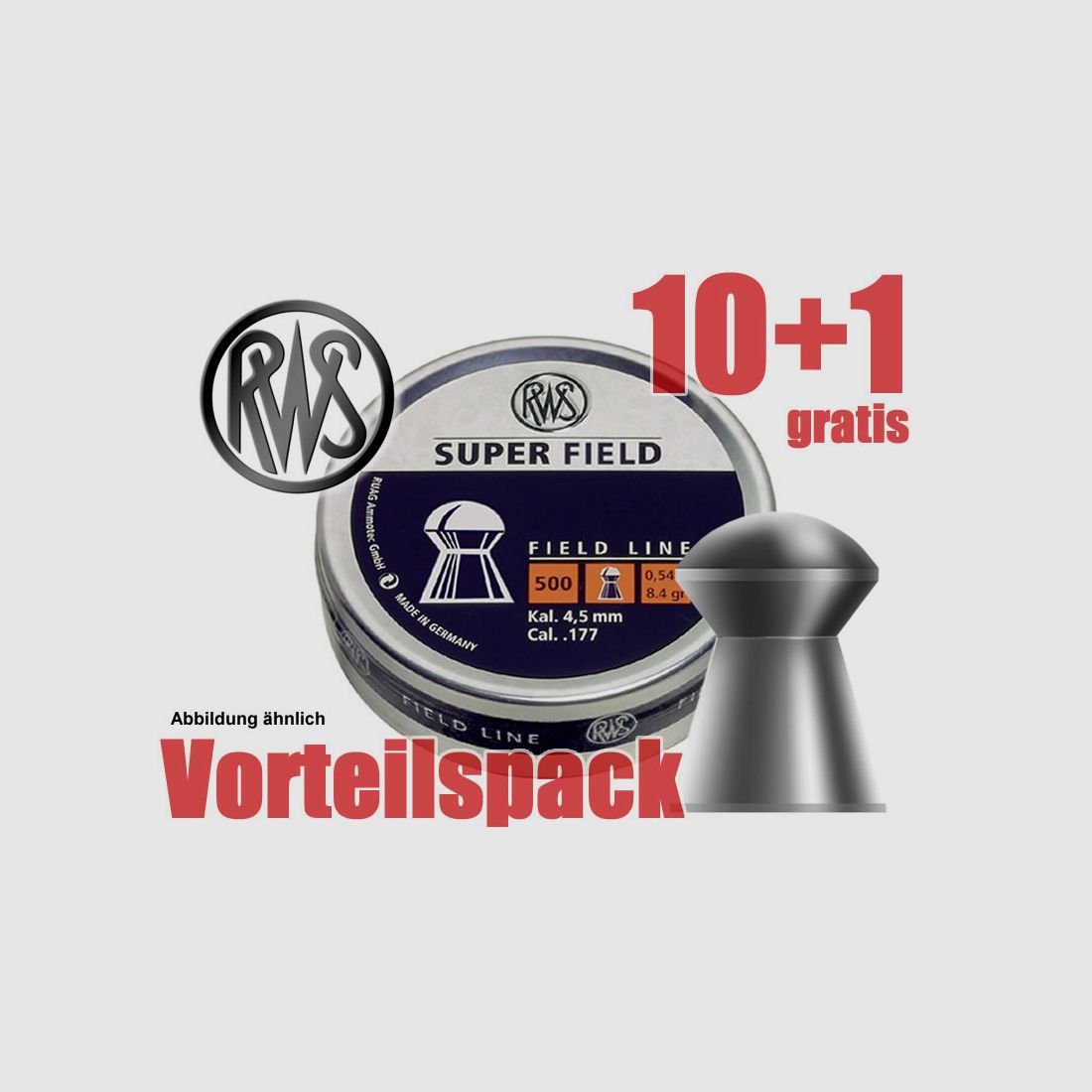 10+1 GRATIS x 500 St. RWS Rundkopf-Diabolo SUPER FIELD, FT, Kal. 4,51 mm, 0,54 g