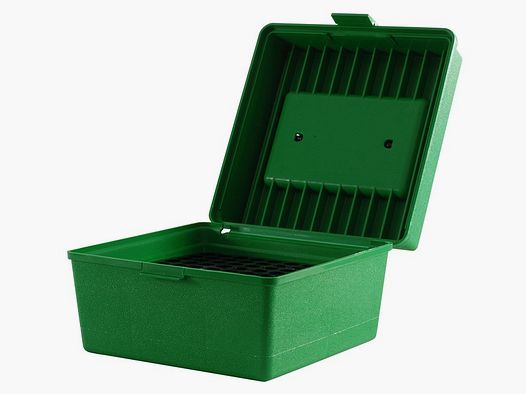MTM Deluxe cartridge box R-100-10 green with flip lid and carrying handle for 100 cartridges .22-250 and others.