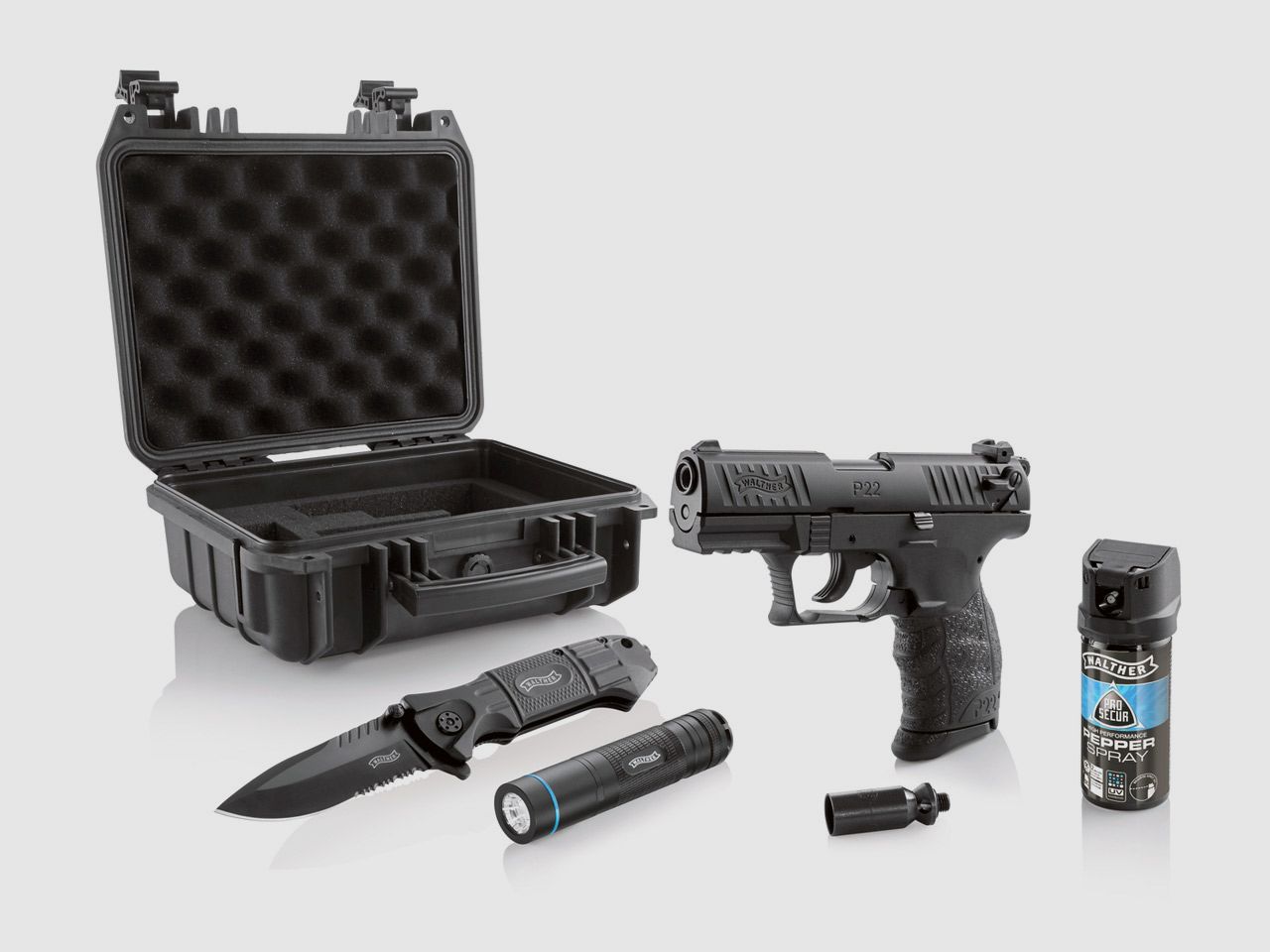 Schreckschuss Pistole Walther P22Q R2D Kit mit Lampe Messer Pfefferspray Koffer Kaliber 9 mm P.A.K. (P18)