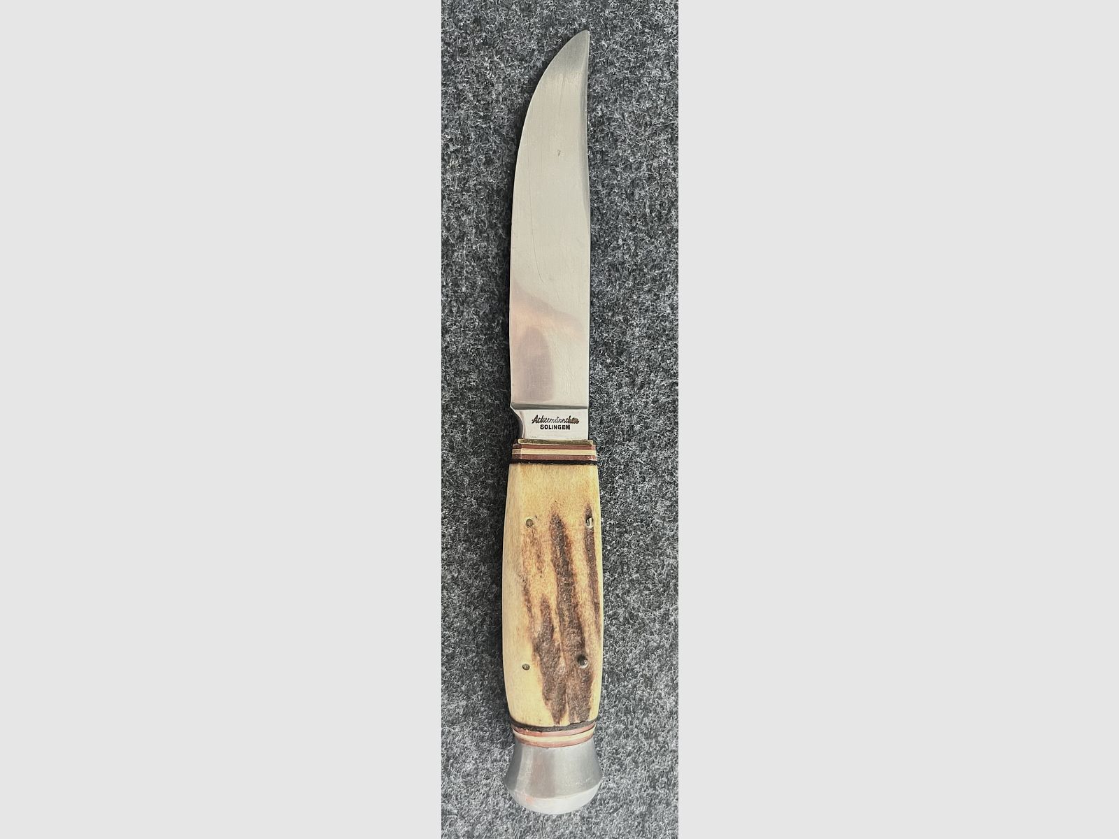 Solingen hunting knife "Ackermännchen" – Real horn handle with fine deer carving & leather sheath