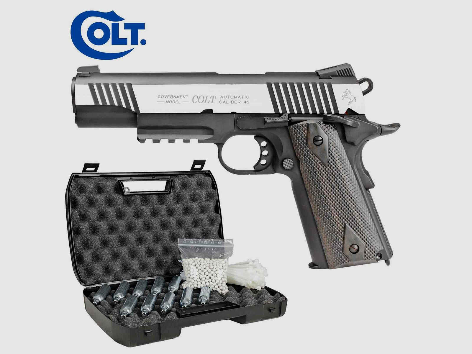 Komplettset Colt 1911 Railgun Bicolor Vollmetall Softair-Co2-Pistole Kaliber 6 mm BB Blowback (P18)