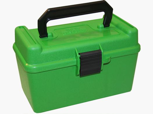 MTM Deluxe scatola per cartucce H50-XL-10 verde con coperchio a ribalta e maniglia per 50 cartucce da 7mm e inferiori.