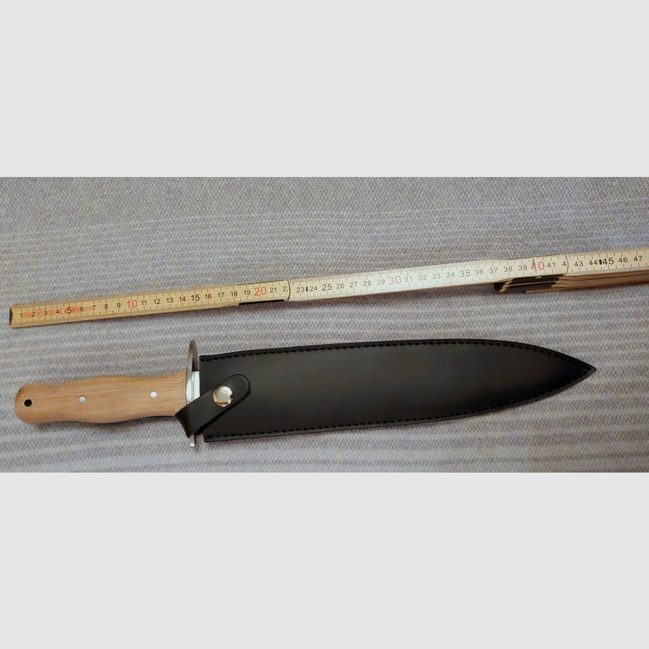 Saufänger – Grande coltello da caccia, affilato su entrambi i lati, manico in legno di teak, con fodero in pelle NUOVO