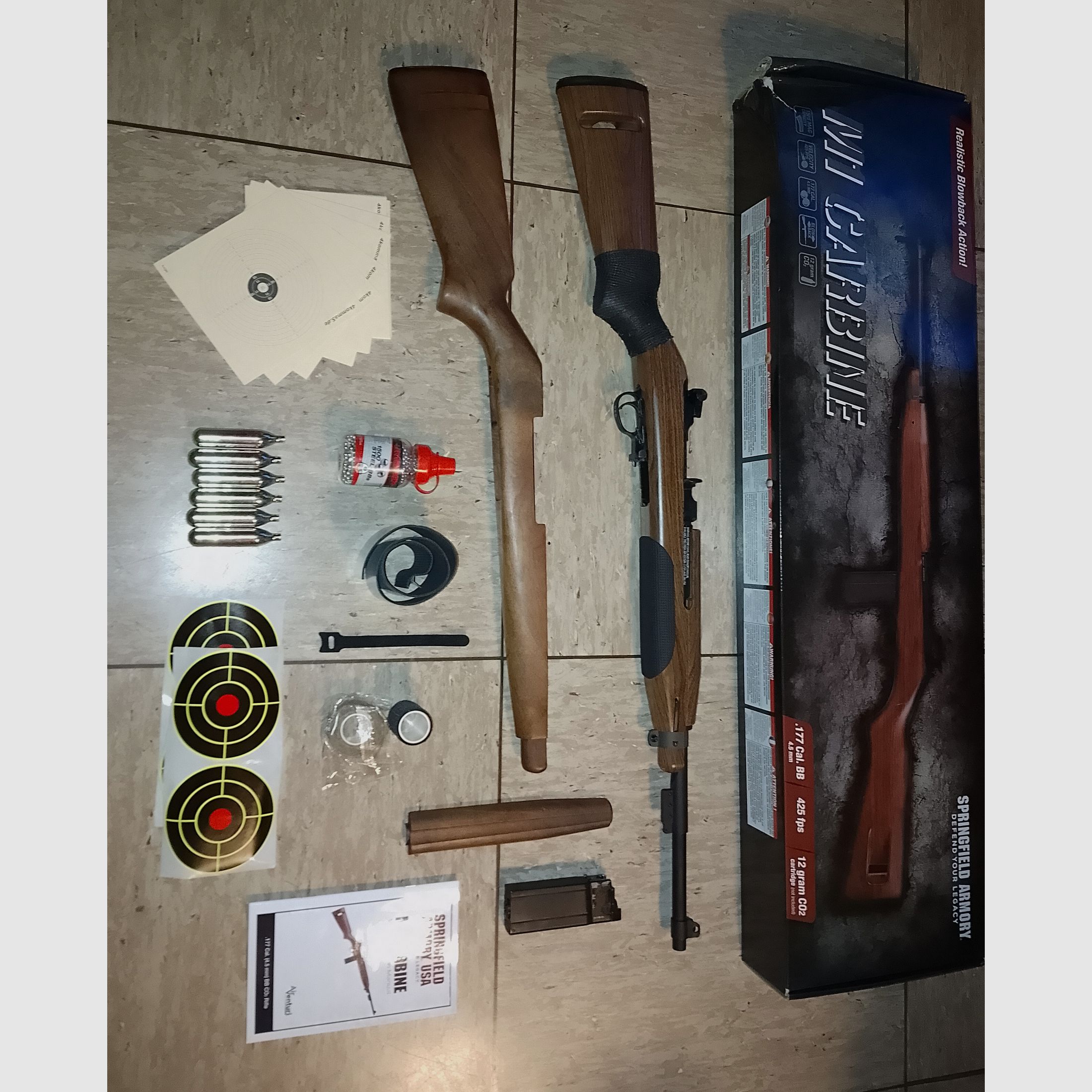  fucile ad aria compressa co2 m1 carbine Springfield 4,5mm .177 + accessori calcio in legno bersagli pallini in acciaio bb's set calcio in legno 30m1 