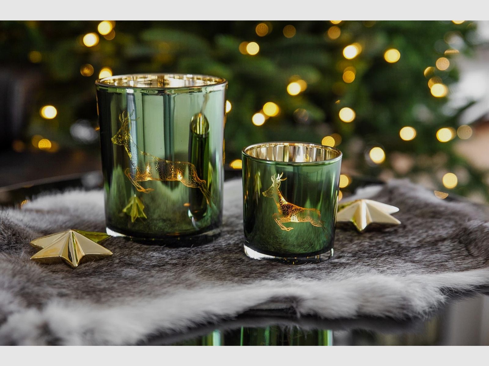 Teelichtglas Rehbock grün/gold