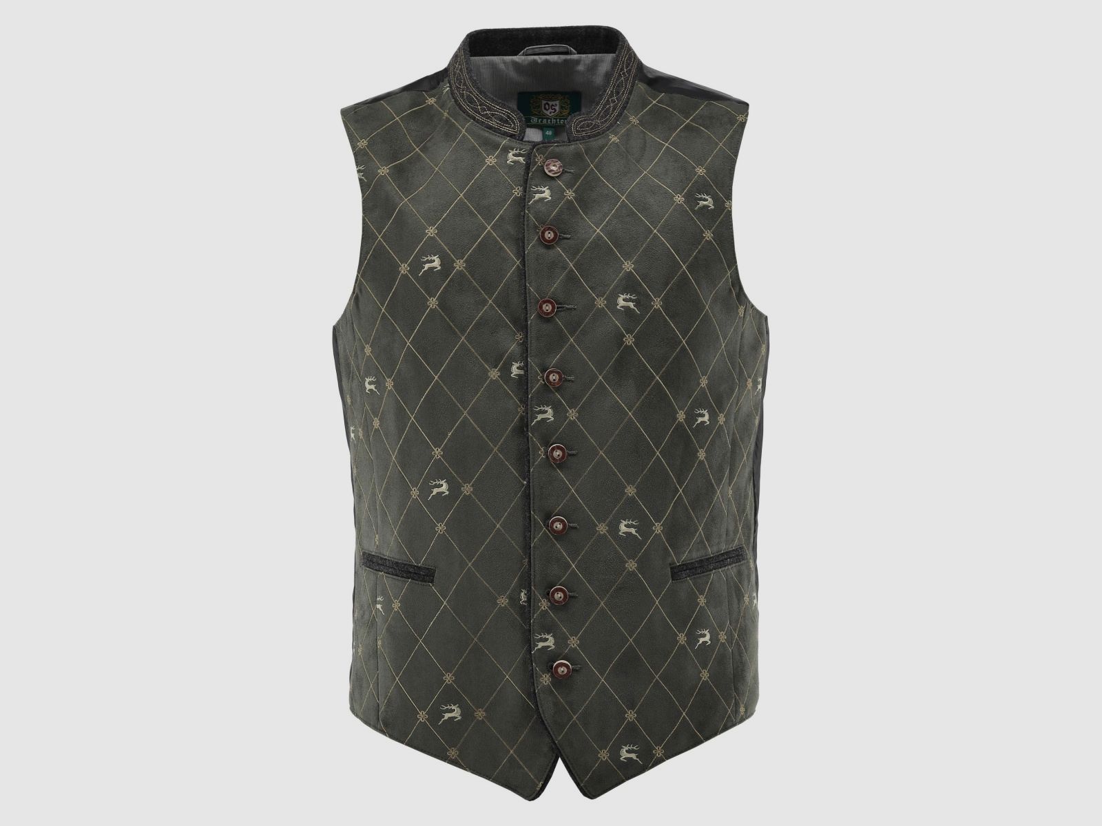 OS TRACHTEN Men's Vest Stand-Up Collar with Embroidery, 2 Pocket Flaps Olive