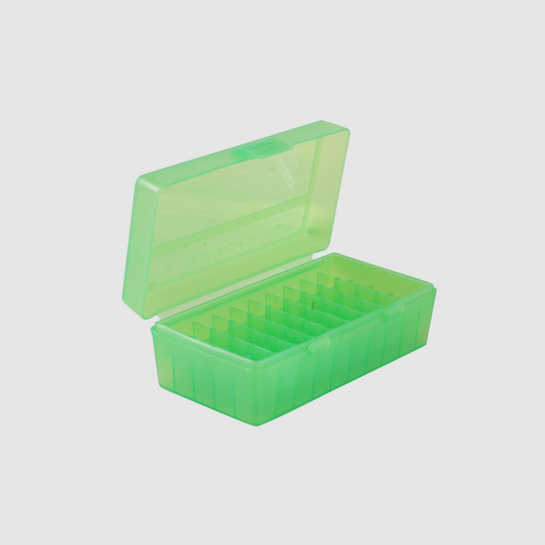 MTM scatola per cartucce P50-44-16 verde trasparente con coperchio a ribalta per 50 cartucce .44 Mag./.357 e altre.