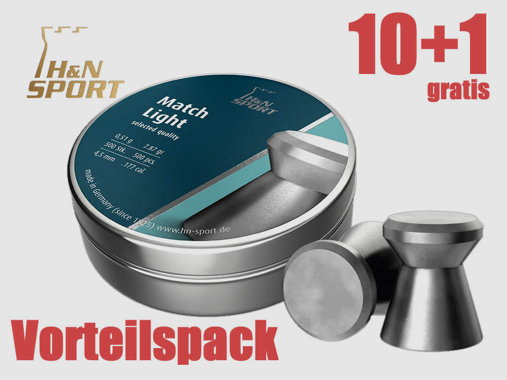 10+1 GRATIS x 500 StĂĽck H&N Match Light Diabolo, Flachkopf, glatt, 0,51 g, Kaliber 4,50 mm