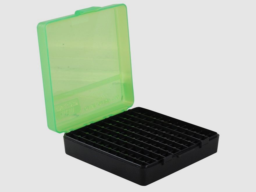 MTM scatola per cartucce P-100-9-16T verde/nera con coperchio a ribalta per 100 cartucce 9mm e inferiori.
