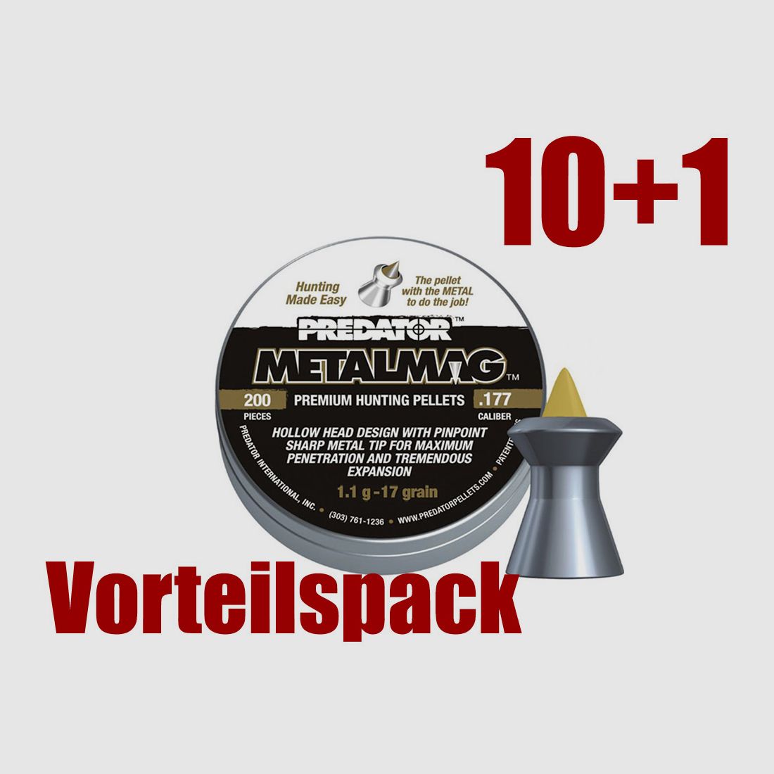 10+1 GRATIS x 200 StĂĽck JSB Predator Metalmag Diabolo, Hohl-, mit Metallspitze, glatt, 1,100 g, Kaliber 5,50 mm