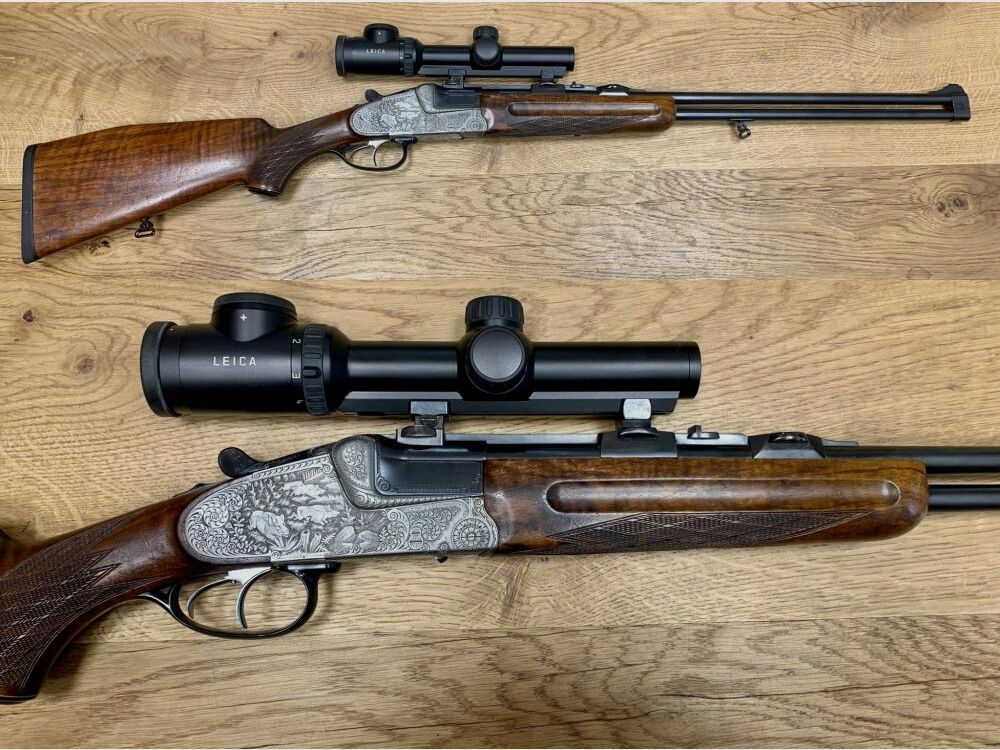 Krieghoff mit Leica Magnus Seitenschloss Doppelbüchse Primus (?)