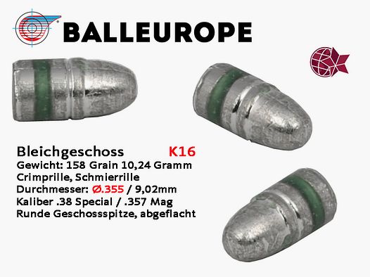 .357 Mag 38 Special: Ø.355 500 Stück Bleigeschosse, Bevel Base 158 Grain 10,24 Gramm Balleurope K16