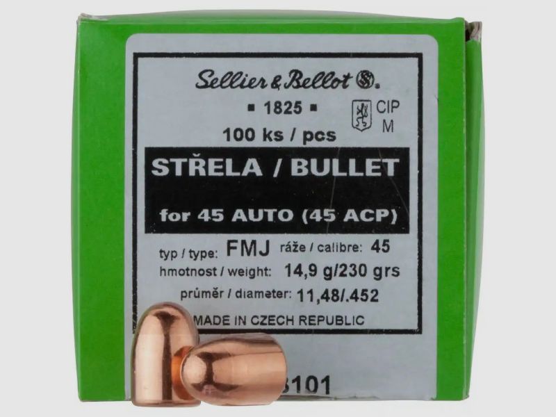 SELLIER & BELLOT BALAS .452 / .45 - FMJ - 14,9 G / 230GRS - 100 PIEZAS