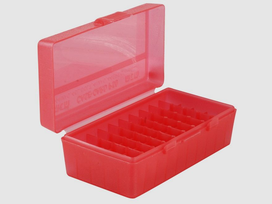 MTM scatola per cartucce P50-44-29 rossa trasparente con coperchio a ribalta per 50 cartucce .44 Mag./.357 e altre.