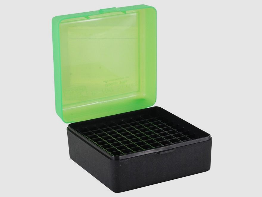 MTM scatola per cartucce RM-100-16T verde/nera con coperchio a ribalta per 100 cartucce .308 e altre.