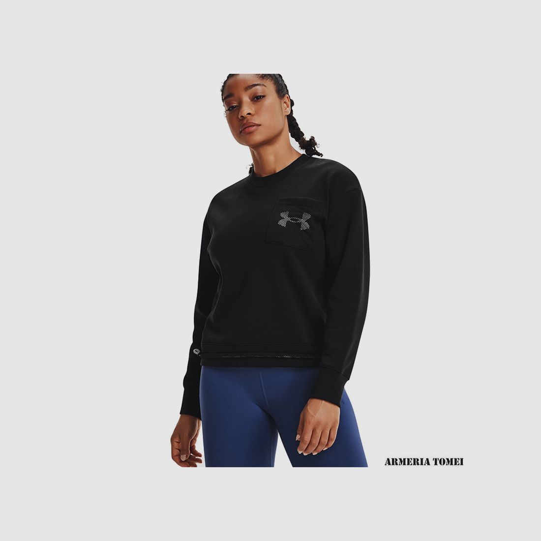 UNDER ARMOUR – DAMES – RIVAL FLEECE MESH CREW Micro Pink / Black – 685, afbeelding 3 van 4