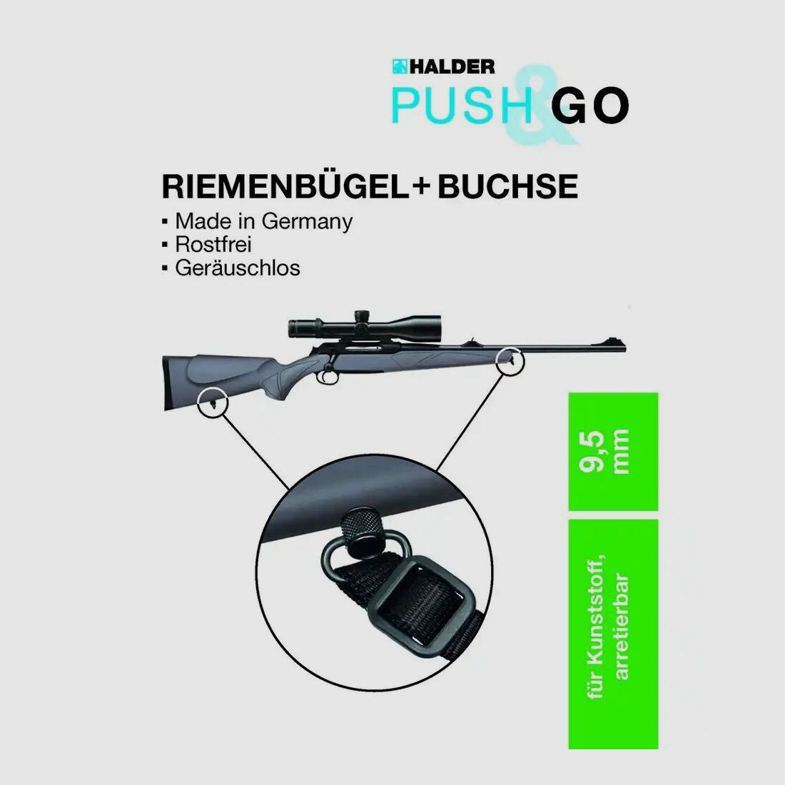 Halder Riemenbügel und Buchse "Push & Go" für Kunststoffschäfte