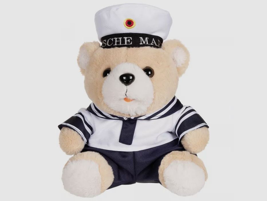 Teddybeer met pak en muts, marine, ca. 28 cm hoog
