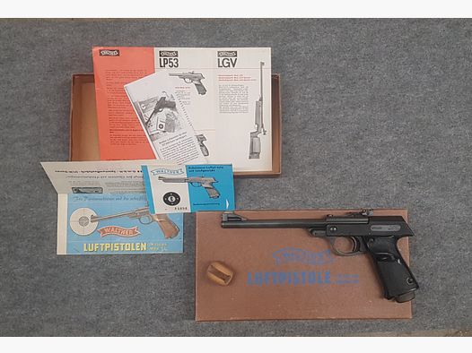 Luftpistole Walther Mod. LP 53 im OVP Karton, Beschreibung u. Flyer aus den 60iger James Bond 007 