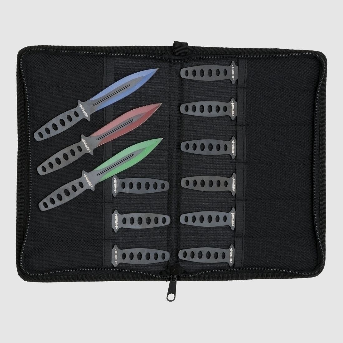 12 colorful throwing knife set in red green blue anodized with bag