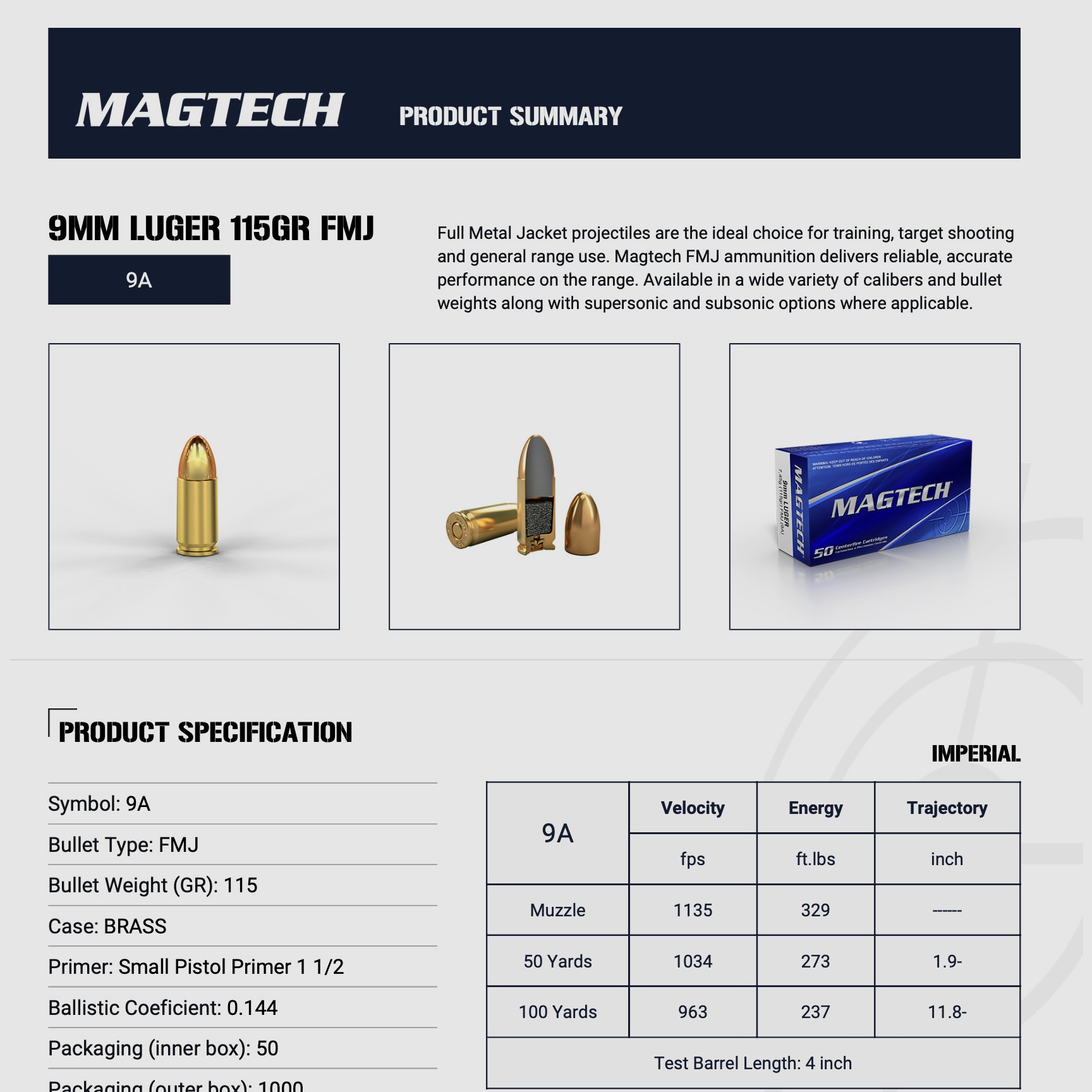 Magtech 144800 9 mm Luger Vollmantel 7,45g/115grs. Pistolenmunition