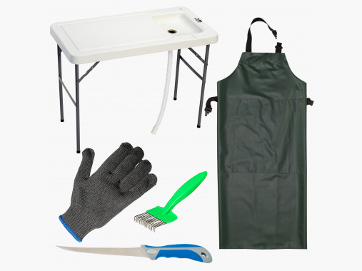 Set Kogha : Table de filetage, tablier en PVC, couteau à fileter, peigne à arêtes + gant à fileter |