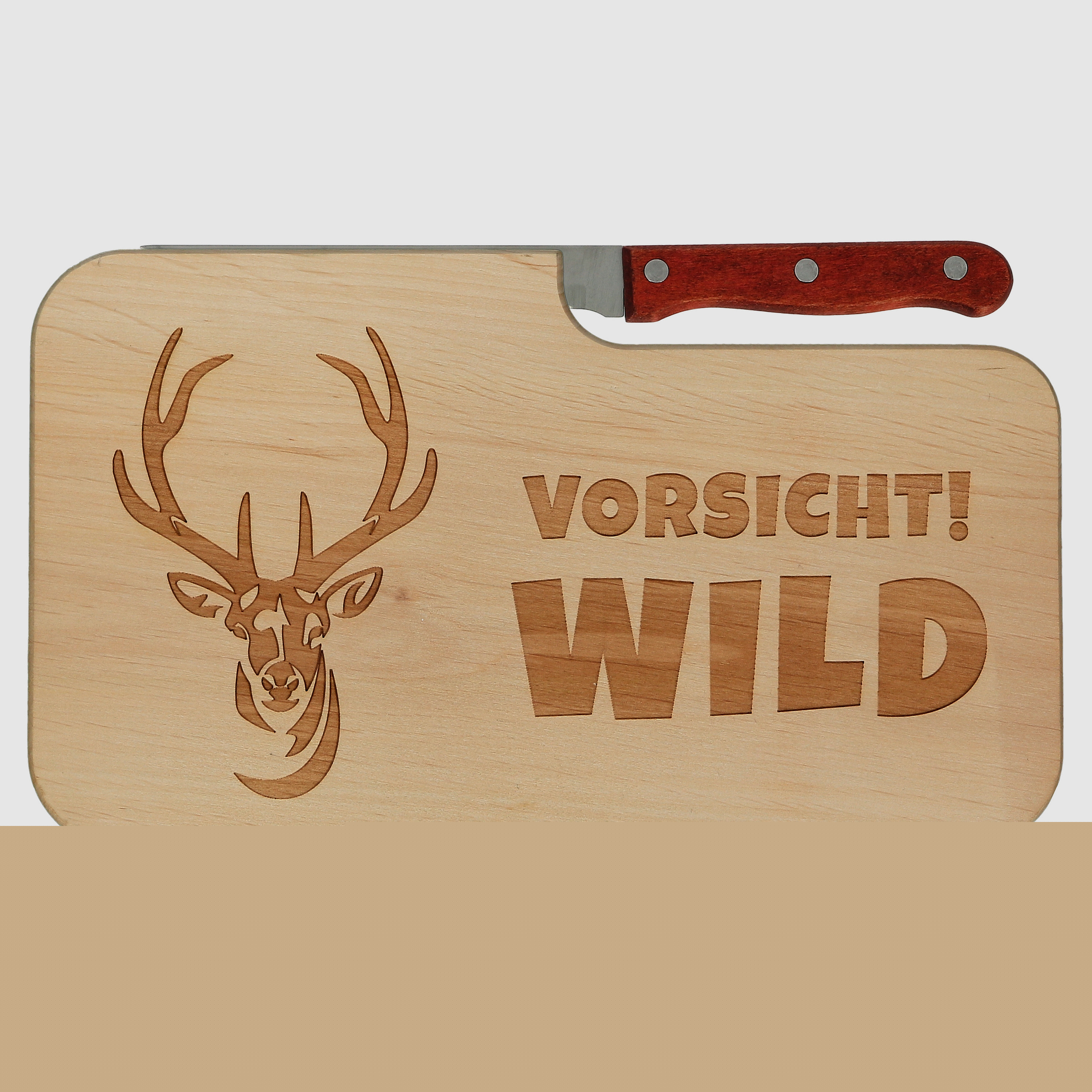Spruchreif Frühstücksbrett mit Messer inkl. Gravur "Vorsicht Wild"