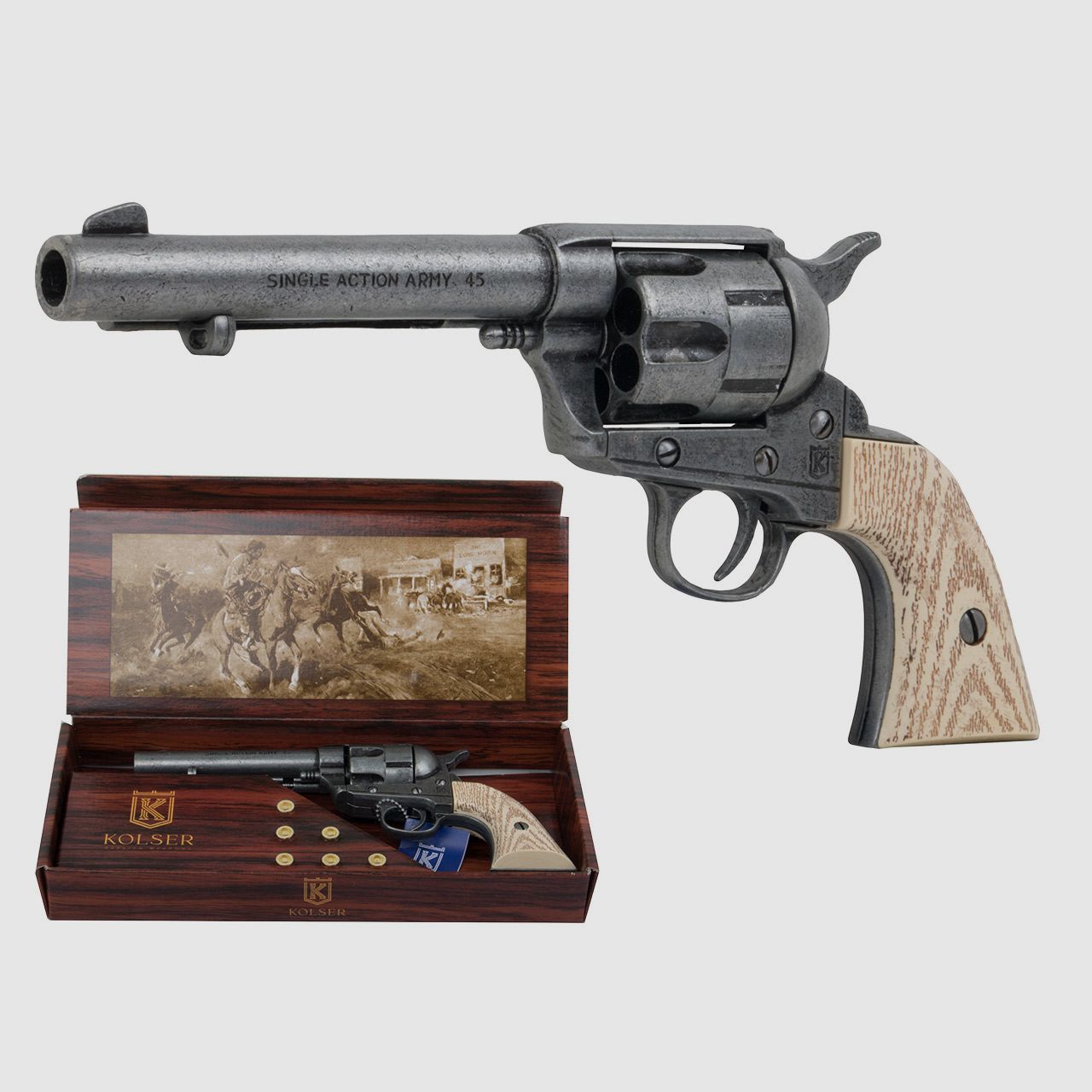 Deko Revolver Kolser Colt SAA .45 Peacemaker USA 1873 5,5 Zoll antik grau weiĂźe Griffschalen